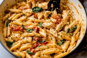 Marry Me Chicken Pasta simmering in a creamy parmesan sauce with fresh basil and sun-dried tomatoes.