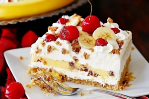 A slice of no-bake banana split cake with whipped cream, cherries, and banana slices on a square plate.