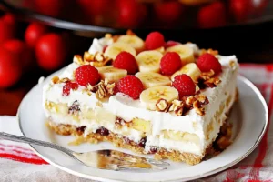 A slice of no-bake banana split cake on a white plate with layers of cream, bananas, and raspberries.