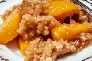 A serving of peach crumble with tender peach slices and a crispy, buttery topping in a rustic white bowl.