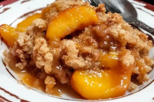 Close-up of a peach crumble with golden brown topping and juicy peach slices served in a white dish.