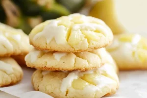 Stack of pineapple cookies with icing drizzle and golden edges.