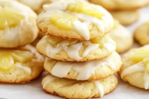 Two-layered stack of pineapple cookies with icing, against a background of fresh pineapple.