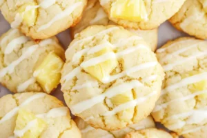 Pineapple cookies cooling on a wire rack, drizzled with icing.