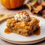 A serving of Pumpkin Dump Cake topped with whipped cream, caramel sauce, and pecans on a plate.