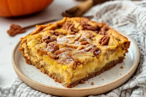 A moist slice of Pumpkin Dump Cake with pecan topping on a beige ceramic plate.