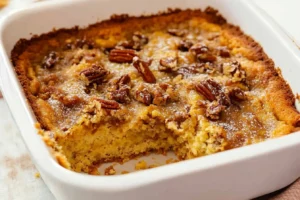 Golden-brown Pumpkin Dump Cake topped with toasted pecans in a white baking dish.