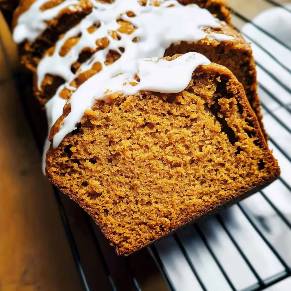 Close-up of sliced sweet potato bread topped with a drizzle of white glaze on a cooling rack.