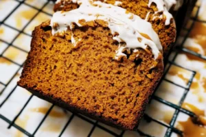 Slice of sweet potato bread with a white glaze, sitting on a cooling rack.