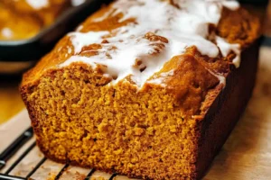 Close-up of sweet potato bread with white icing drizzled on top, sitting on a cooling rack.