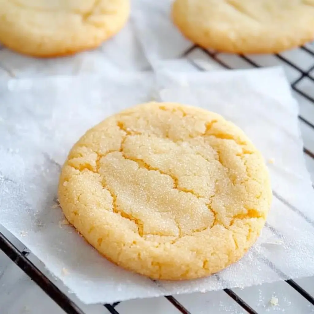 Soft and chewy vanilla cookie on a cooling rack.