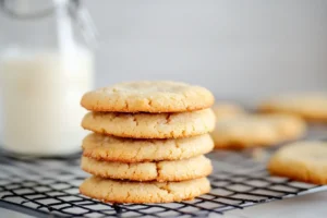 A stack of vanilla cookies cooling on a wire rack with a bottle of milk in the background.