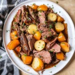 A whole venison roast with carrots and potatoes served on a large white platter.