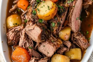 Juicy venison roast slices with carrots and potatoes served on a white platter.