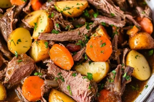 Shredded venison roast mixed with baby potatoes, carrots, and fresh parsley.