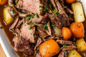 Tender slices of venison roast served with carrots and potatoes in a rich gravy.