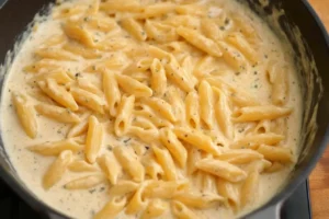 Penne pasta simmering in a creamy Parmesan sauce with herbs in a skillet.