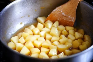 Cubed apples cooking in a skillet with cinnamon and sugar for fried apple pie filling.