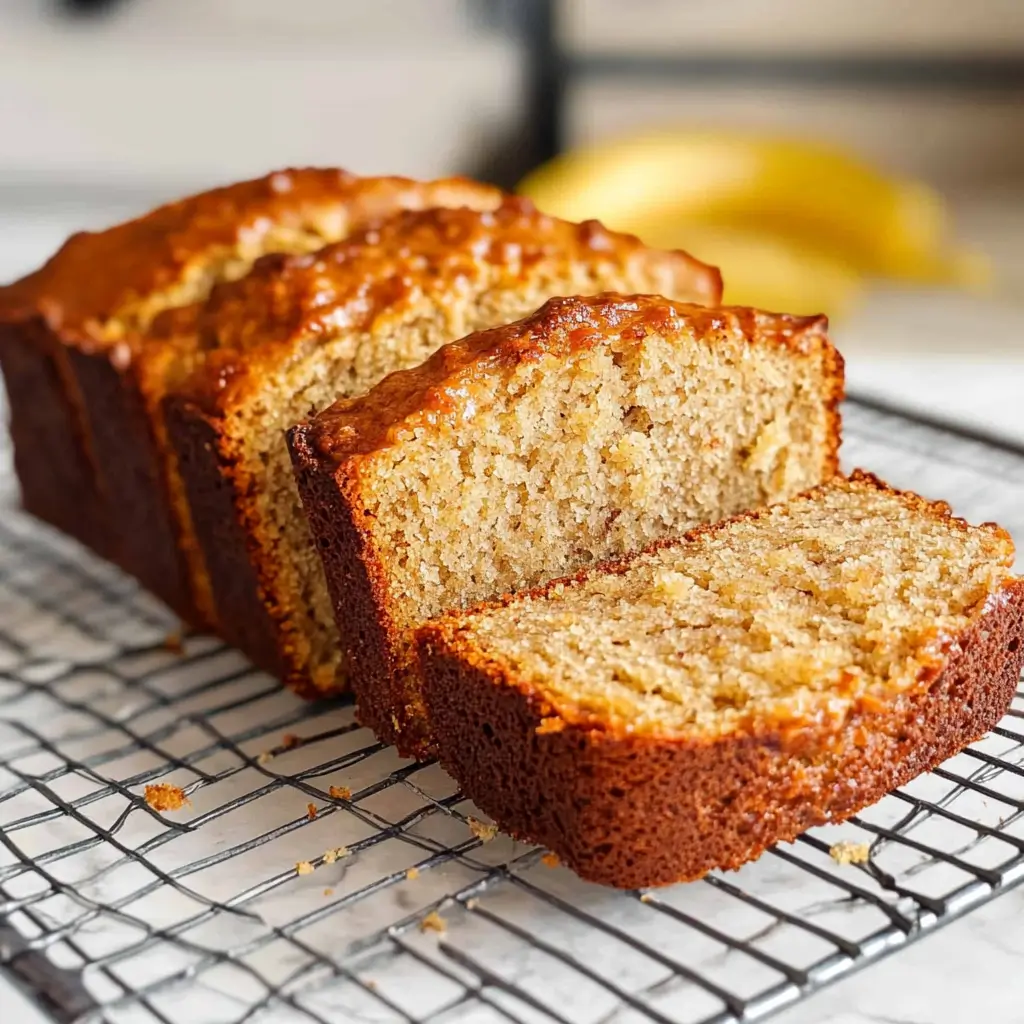 Sliced 4-ingredient banana bread on a cooling rack.