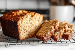 Sliced banana bread loaf on a cooling rack with a golden crust.