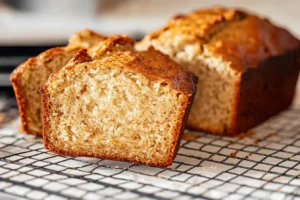 Close-up of sliced banana bread with a golden crust on a cooling rack.