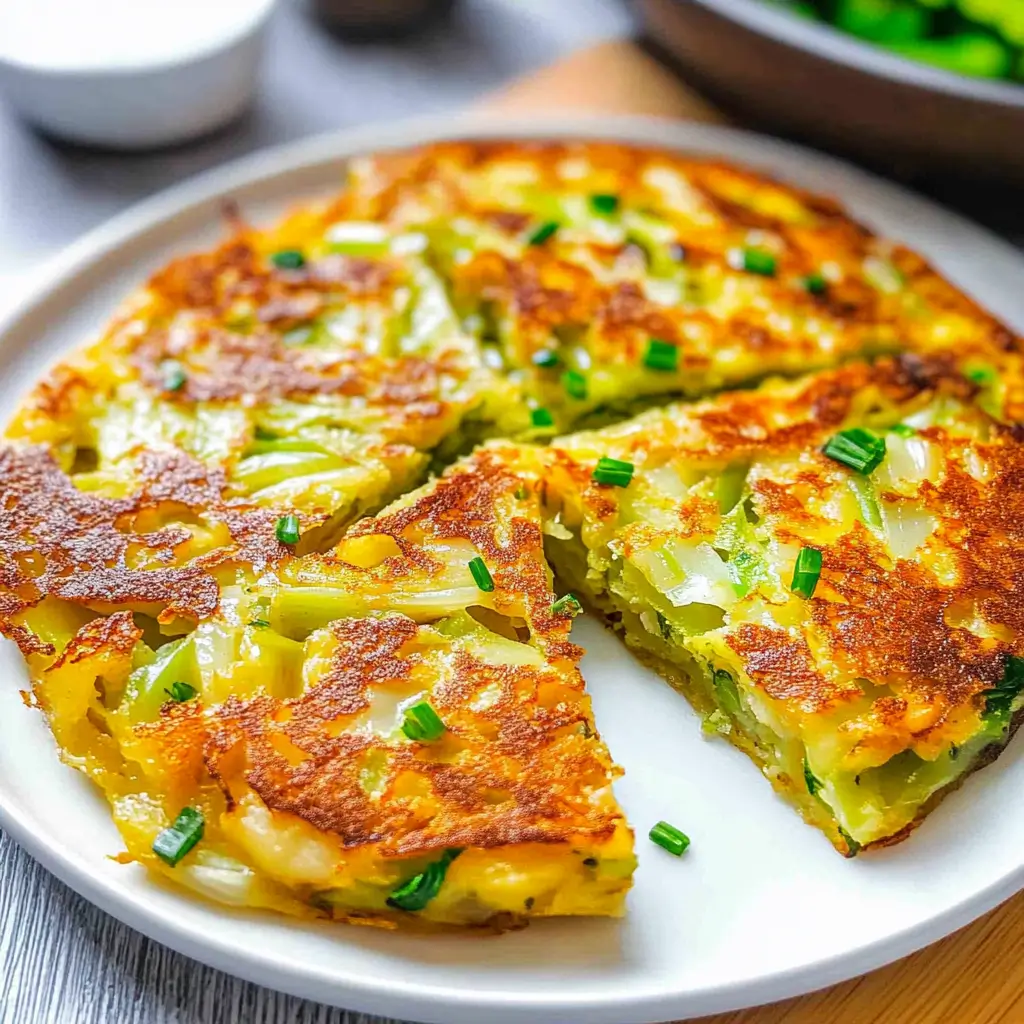 Golden-brown cabbage pancake garnished with chopped green onions on a white plate.