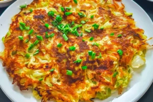 Golden cabbage pancake garnished with fresh green onions on a white plate.