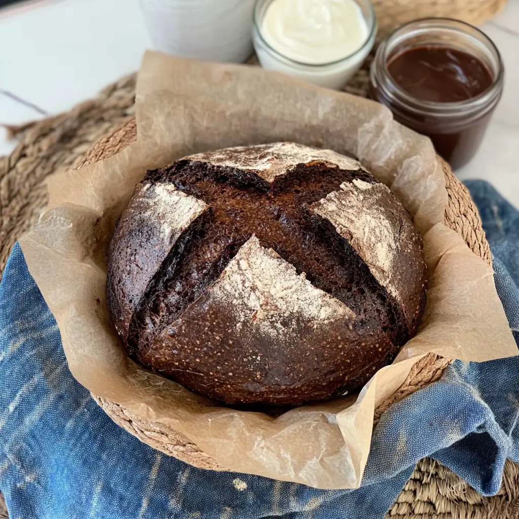 Freshly baked chocolate sourdough bread with a crisp crust in a basket.