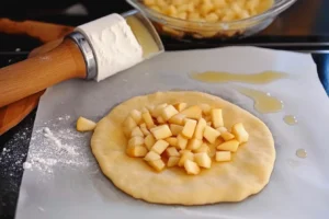 Dough circle with apple filling placed on parchment paper, ready for assembly into fried apple pies.