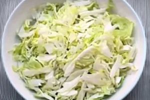 Bowl of finely shredded fresh cabbage ready for cooking.