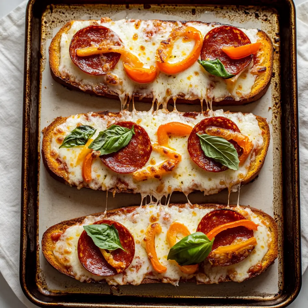 Slices of garlic bread pizza topped with pepperoni, bell peppers, basil, and melted cheese.