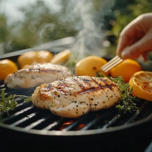 Grilled Galena Chicken with smoky grill marks surrounded by fresh herbs and sliced lemons.