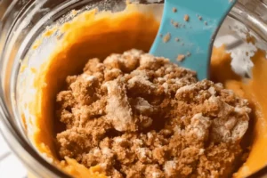 Mixing bowl filled with pumpkin puree, brown sugar, and spices being combined for Pumpkin Dump Cake.