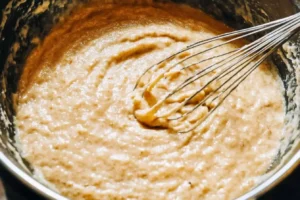 A bowl of banana bread batter with a whisk resting in it.