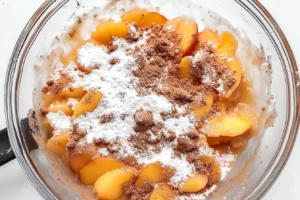 Bowl of fresh peach slices mixed with cinnamon, sugar, and flour, prepared for peach crumble.