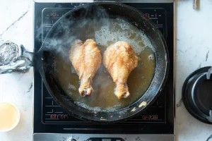 Two chicken legs frying in a pan of bubbling oil on a stovetop.