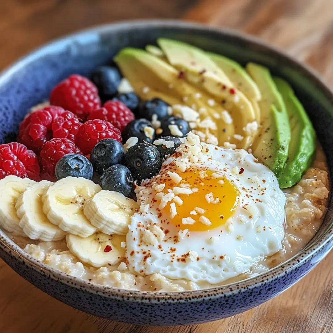 Sweet and savory oatmeal bowl with healthy toppings.