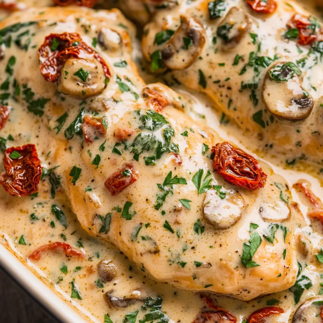 Creamy Baked Tuscan Chicken with sun-dried tomatoes, mushrooms, and fresh parsley in a rich garlic parmesan sauce.