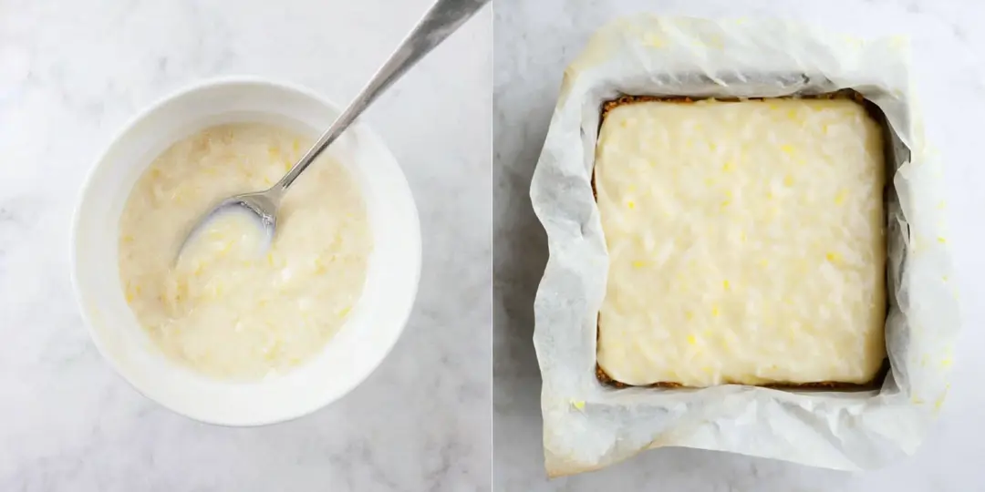 Lemon Blondies – Glazing Step-by-Step Guide Lemon glaze being mixed in a bowl and poured over freshly baked lemon blondies.