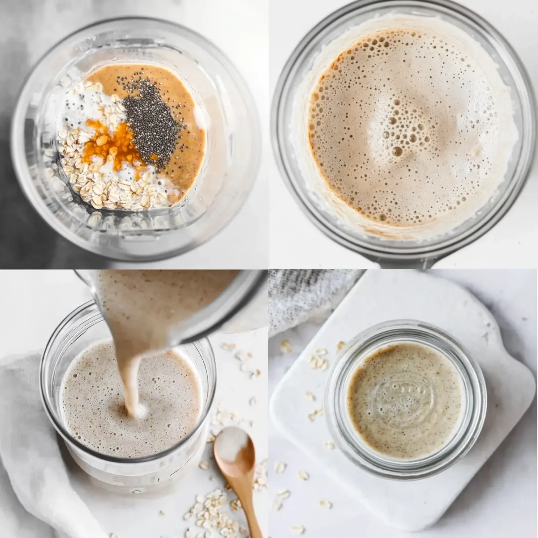 Step-by-Step Guide to Making Blended Overnight Oats A step-by-step collage of blended overnight oats preparation, showing oats, chia seeds, peanut butter, and honey in a jar, followed by blending, pouring, and the final creamy mixture.