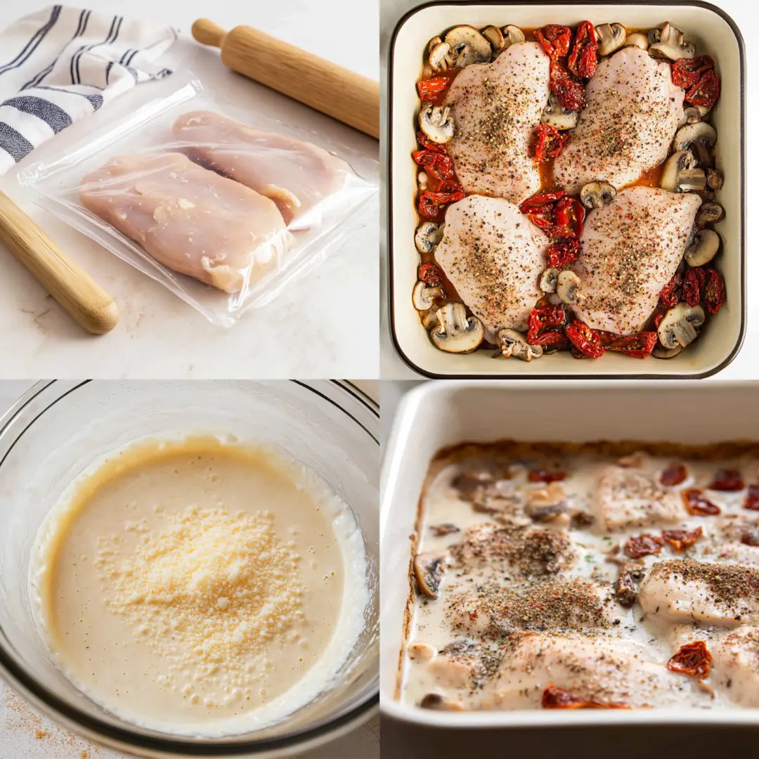 Baked Tuscan Chicken – Easy Step-by-Step Creamy Recipe Step-by-step preparation of Baked Tuscan Chicken, showing raw chicken breasts, a baking dish with seasoned chicken, a creamy parmesan sauce, and the final baked dish.