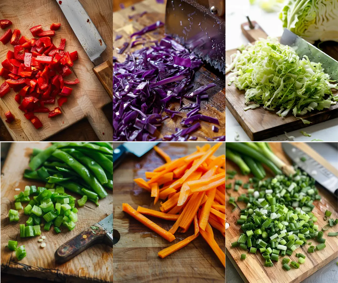Freshly Chopped Ingredients for Asian Salad Freshly chopped ingredients for Asian chopped salad, including red bell peppers, cabbage, snap peas, carrots, green onions, and celery.