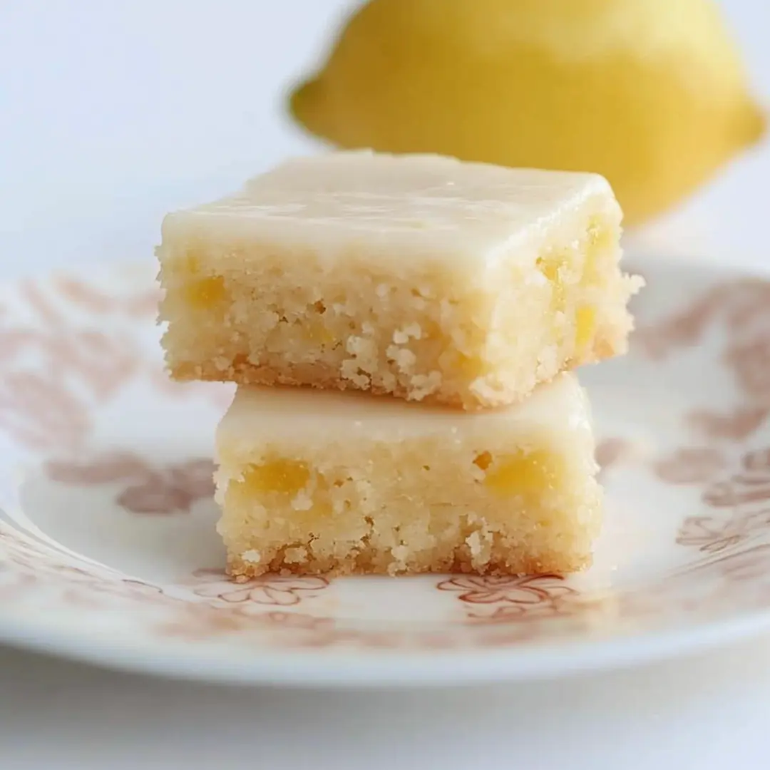 Two stacked lemon blondies with a smooth lemon glaze, placed on a decorative plate.