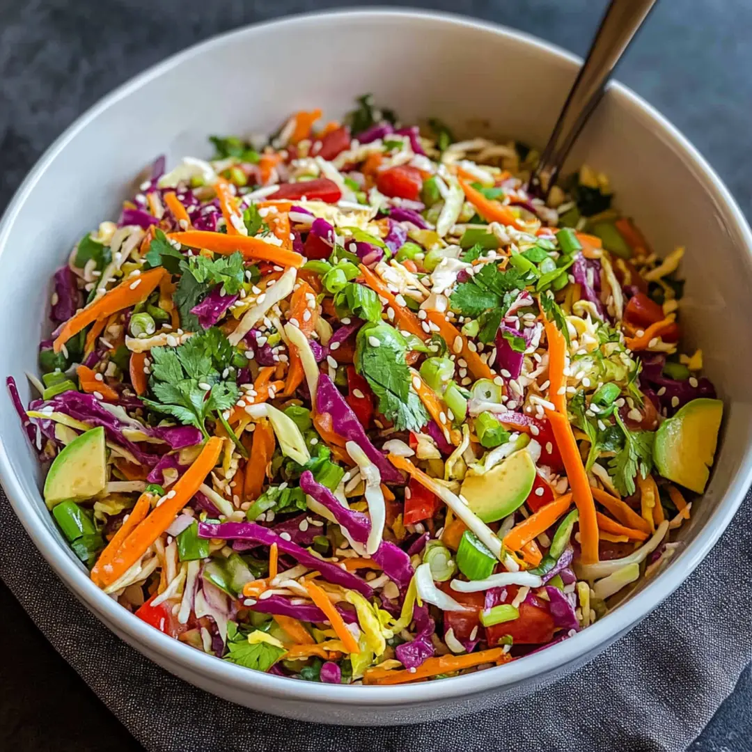 Vibrant Asian Chopped Salad with Avocado Colorful Asian chopped salad with cabbage, carrots, avocado, green onions, and sesame seeds in a white bowl.