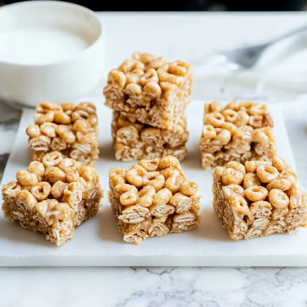 Golden honey cereal bars made with Cheerios and peanut butter, cut into squares and served on a white marble board.