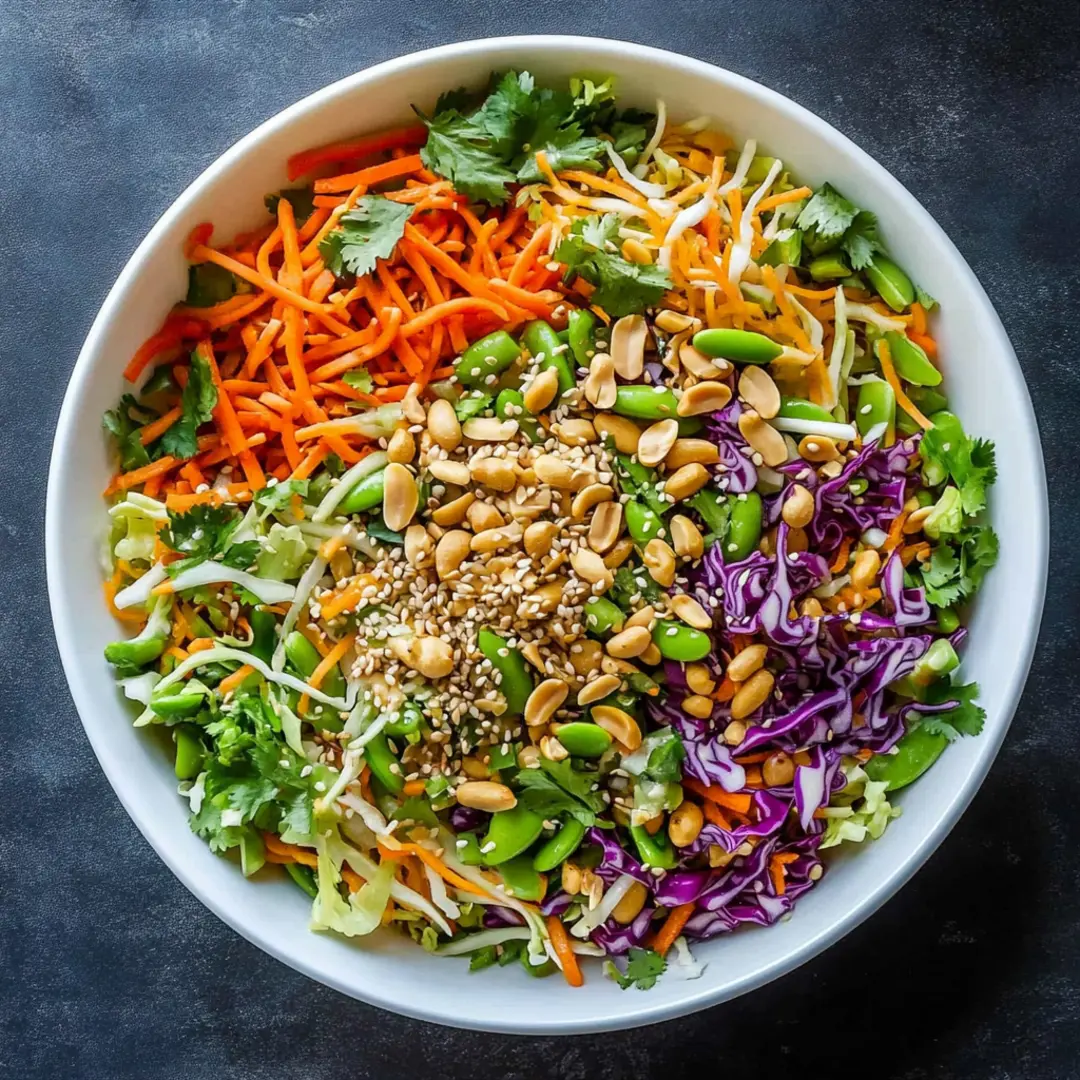 Crunchy Asian Chopped Salad with Peanuts and Sesame Fresh Asian chopped salad with shredded cabbage, carrots, snap peas, peanuts, and sesame seeds in a white bowl.