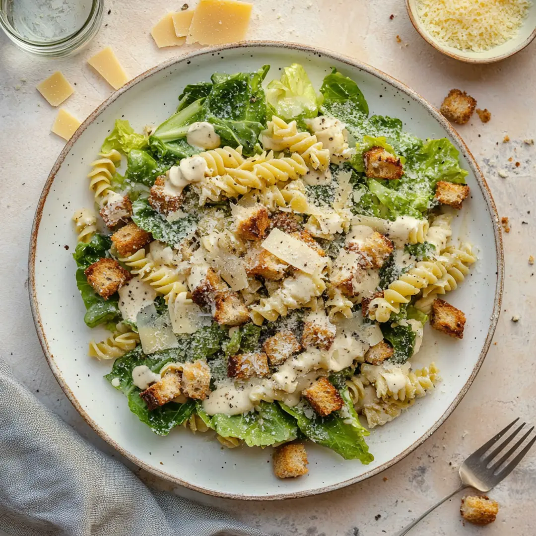 A top-down view of a Caesar pasta salad served on a white plate, featuring romaine lettuce, fusilli pasta, crispy croutons, Parmesan cheese shavings, and creamy Caesar dressing.