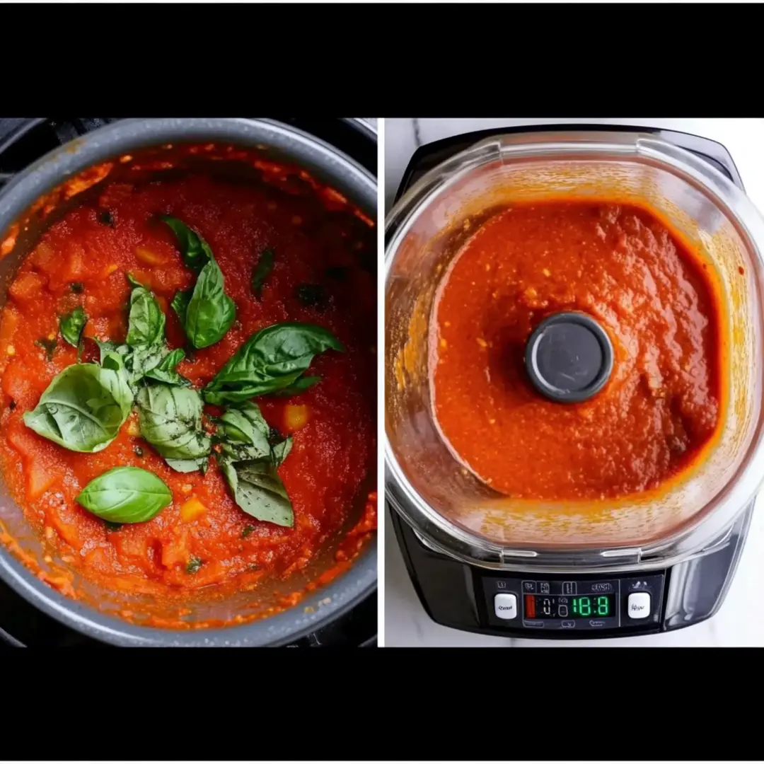 Burrata Pasta Sauce – Fresh Basil & Blended Tomato Perfection Homemade tomato sauce for Burrata Pasta, infused with fresh basil in a pot and then blended into a smooth, rich consistency.