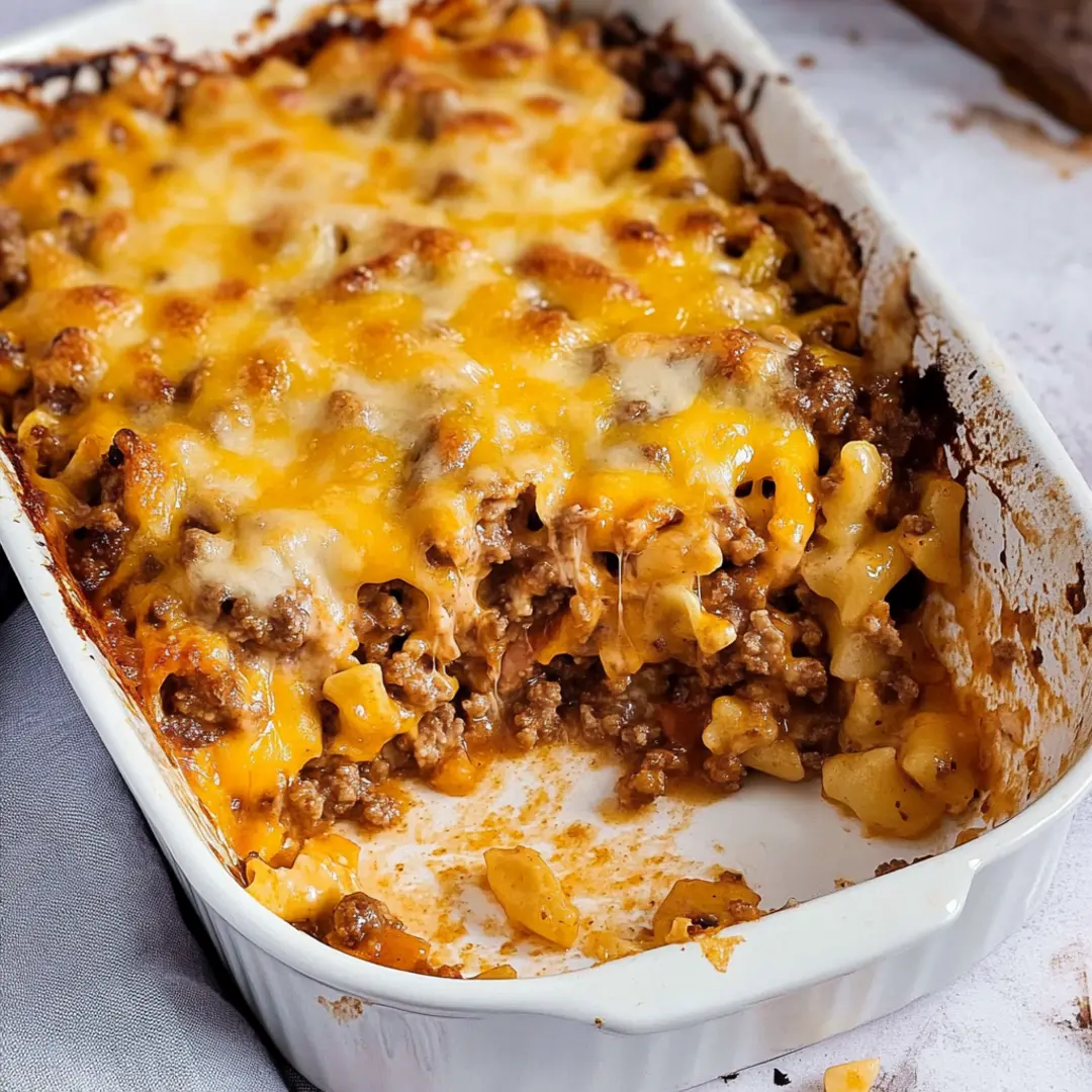 "Cheesy baked cheeseburger casserole with layers of ground beef, pasta, and melted cheese in a white baking dish."