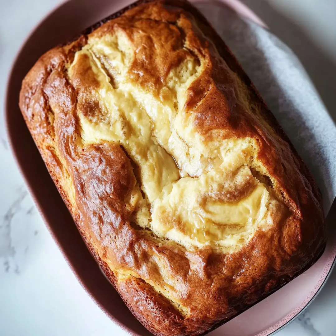 "Freshly baked cream cheese banana bread with a golden crust in a pink dish."